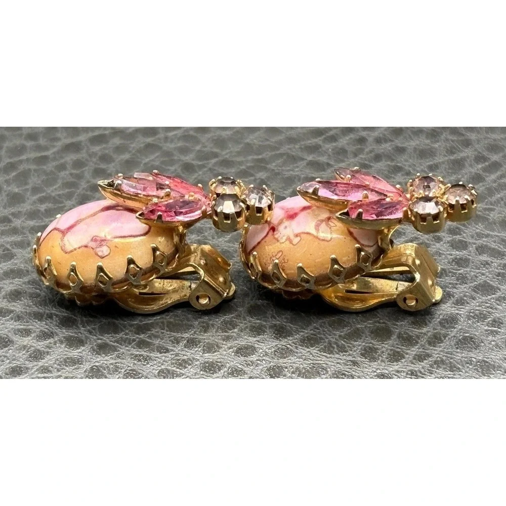 Vintage Dragon Egg Marble Pink Cabochon Crystal Rhinestone Clip Earrings READ